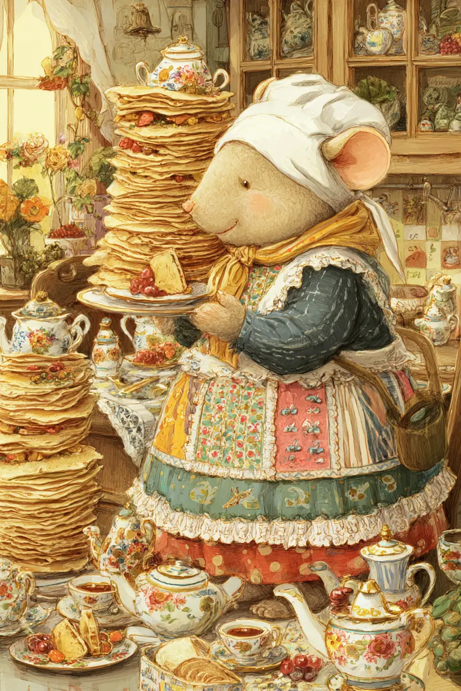 Cozy Storybook Mouse Serving Crepes In Sunny Living Room