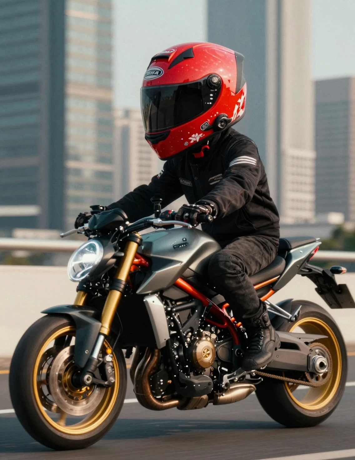 Close up motorcyclist with red helmet in sunny city