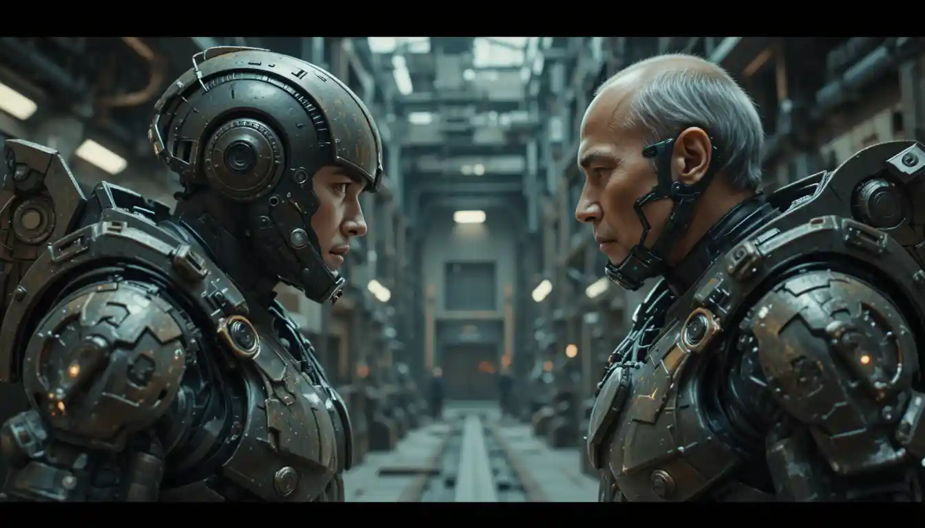 Armored soldiers in a tense standoff in industrial interior