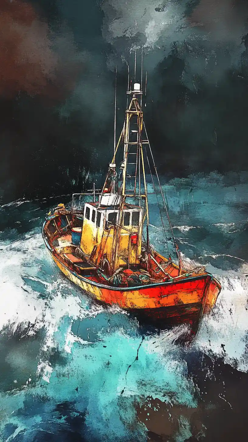 Colorful fishing boat battling waves on the open ocean