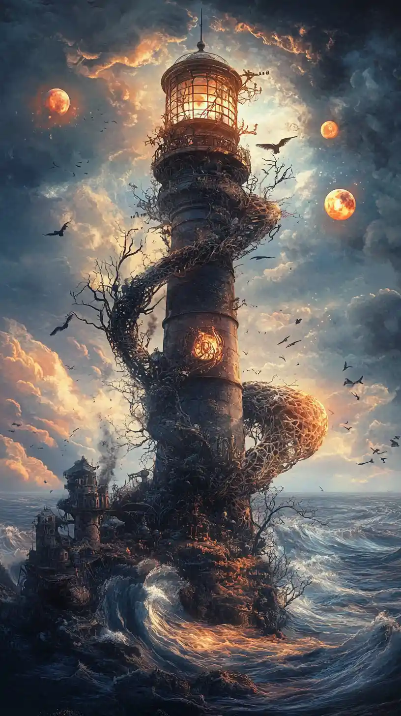 Surreal lighthouse twisting into the sky above rising sea