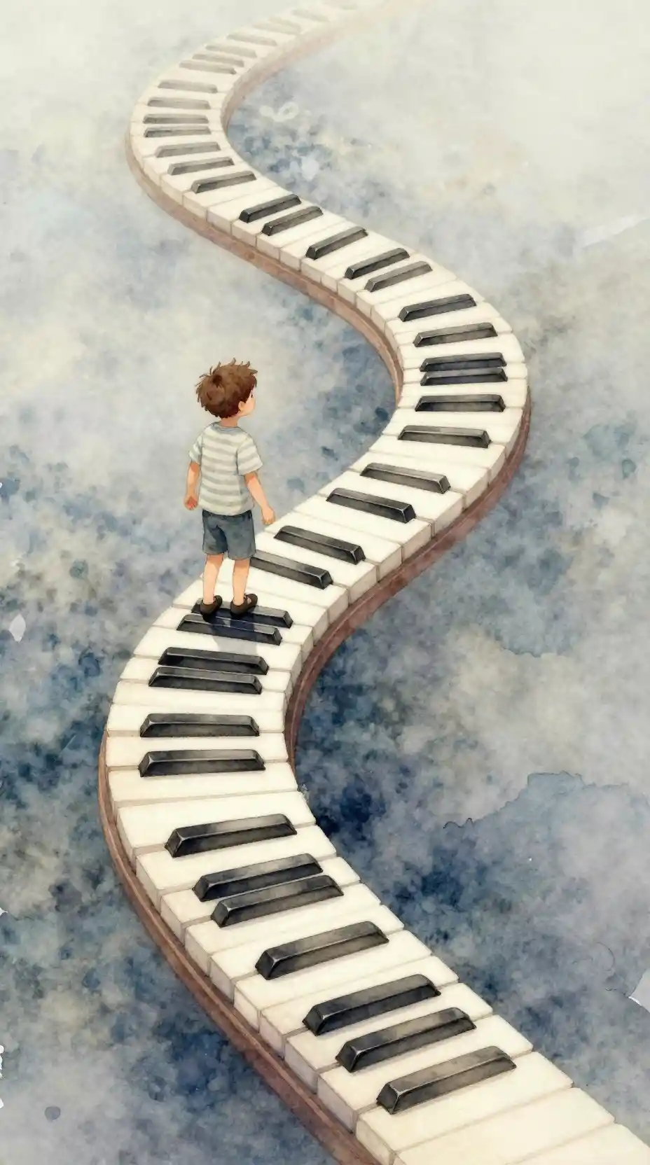 Whimsical boy climbing piano key staircase in soft watercolor