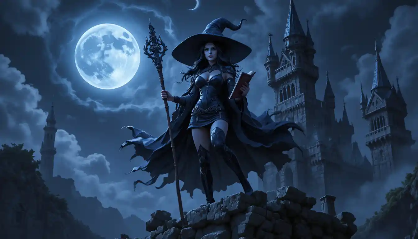 Mystical sorceress atop a ruined gothic castle at night