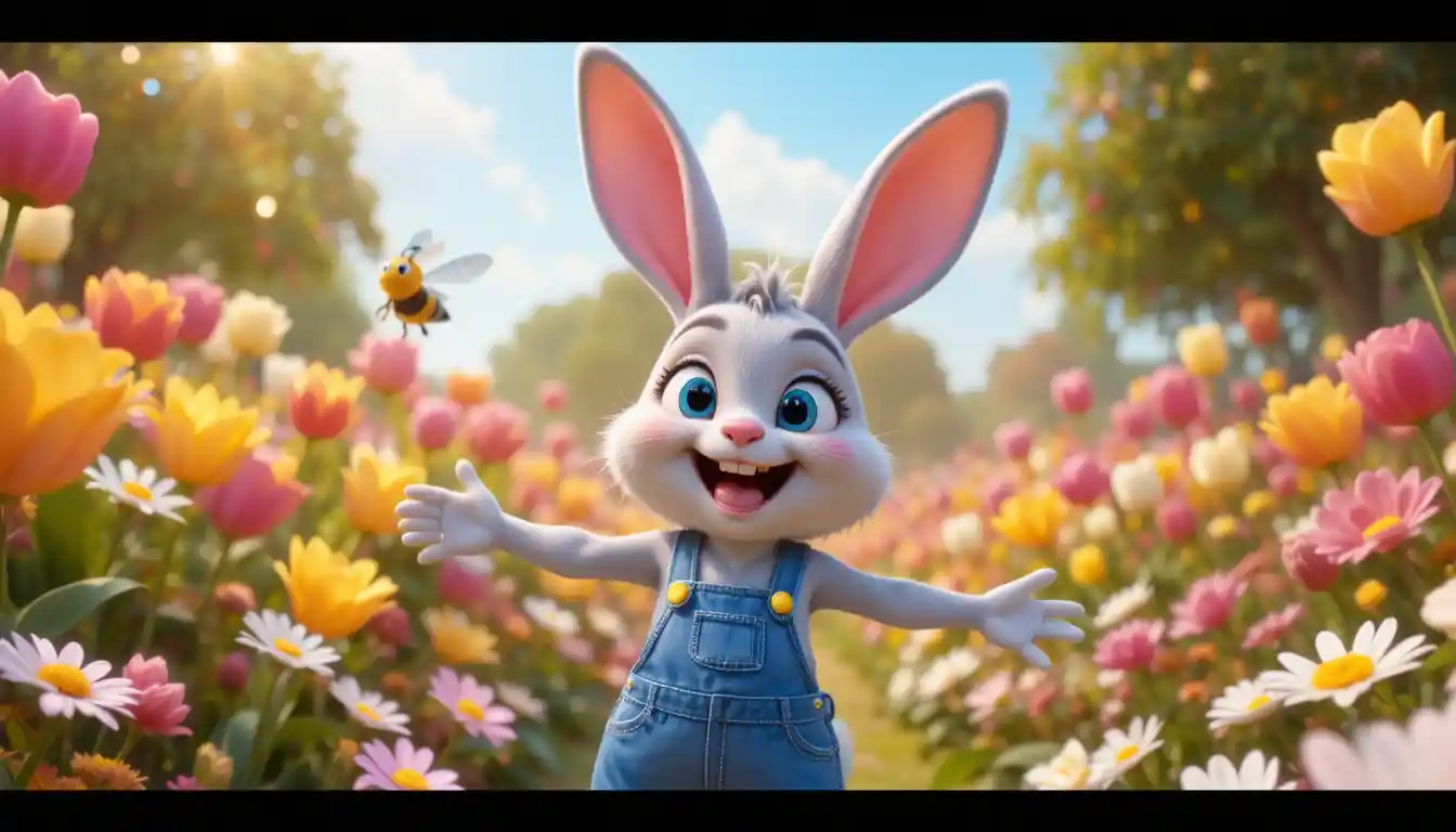 Cute 3D rabbit twirling in a bright flower garden