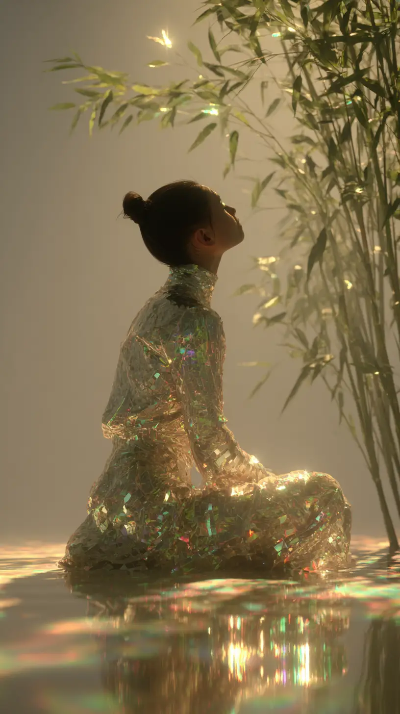 Silhouetted figure meditating in bamboo with shimmering garment