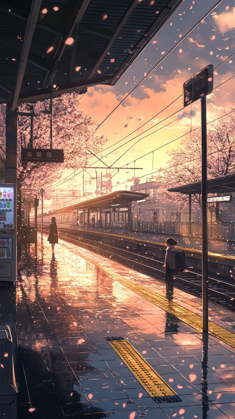 Einsames Anime-Mädchen auf einem ruhigen Vorstadtbahnsteig