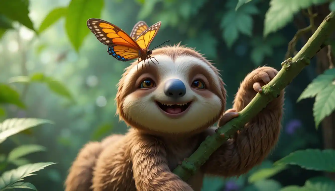 Adorable paresseux 3D avec un papillon sur le nez dans la jungle en gros plan