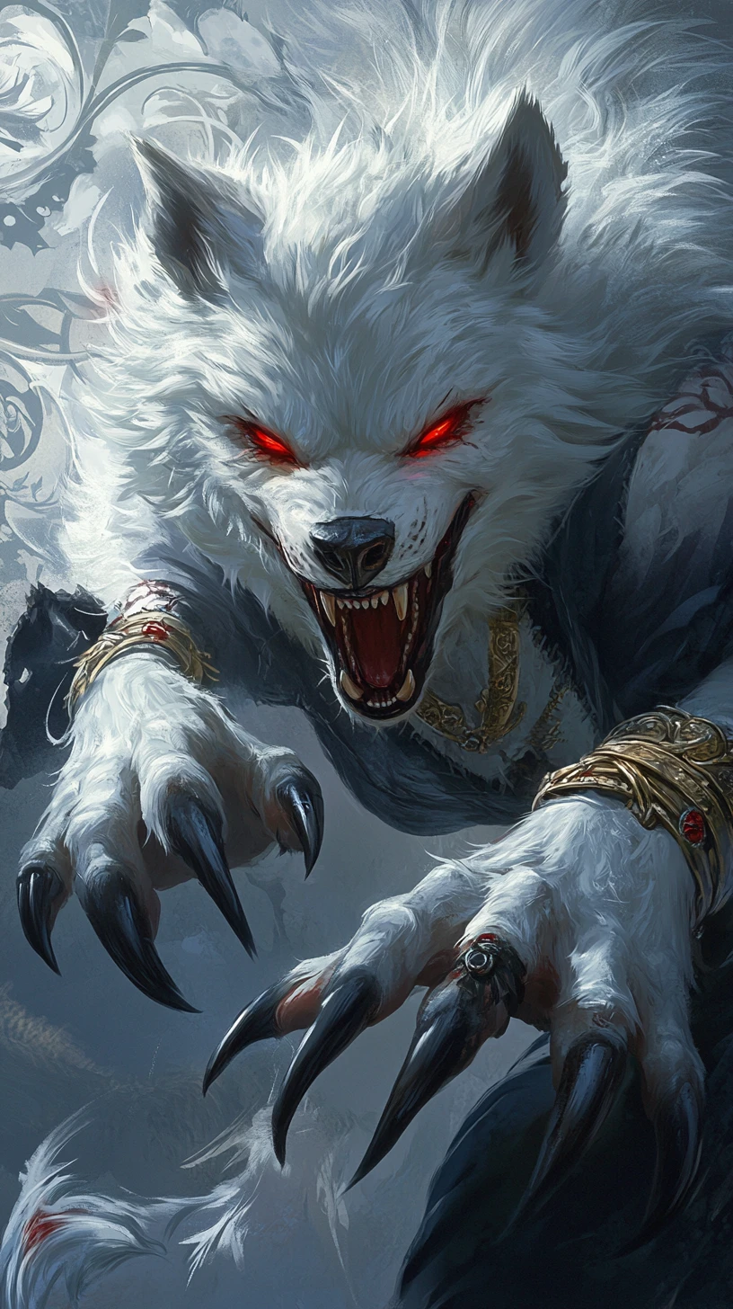 Fierce female werewolf portrait with glowing red eyes