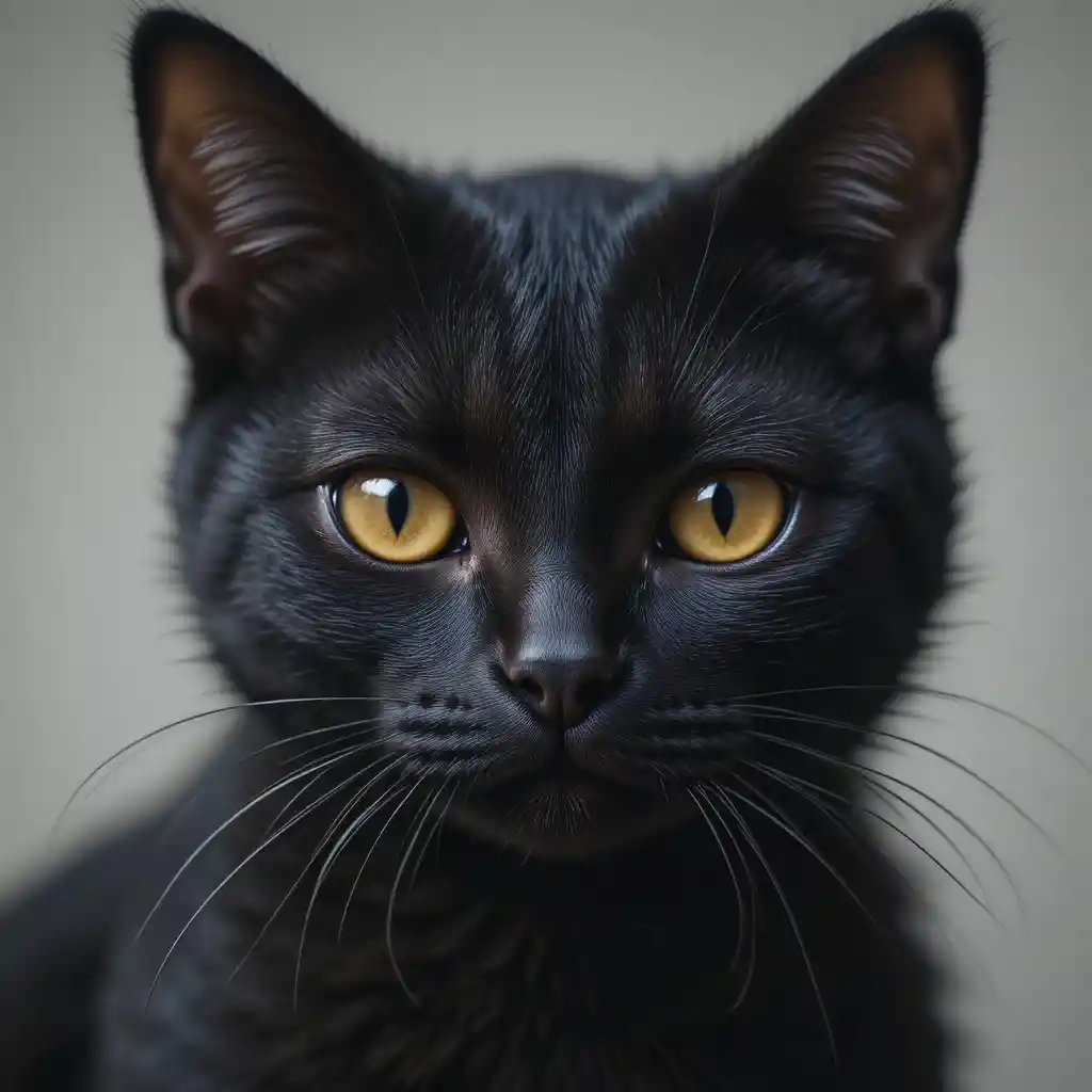 Sad black tortoiseshell cat with yellow eyes portrait