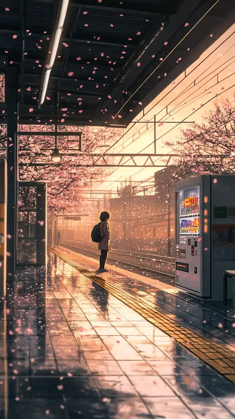 Anime girl on a quiet suburban platform at golden hour