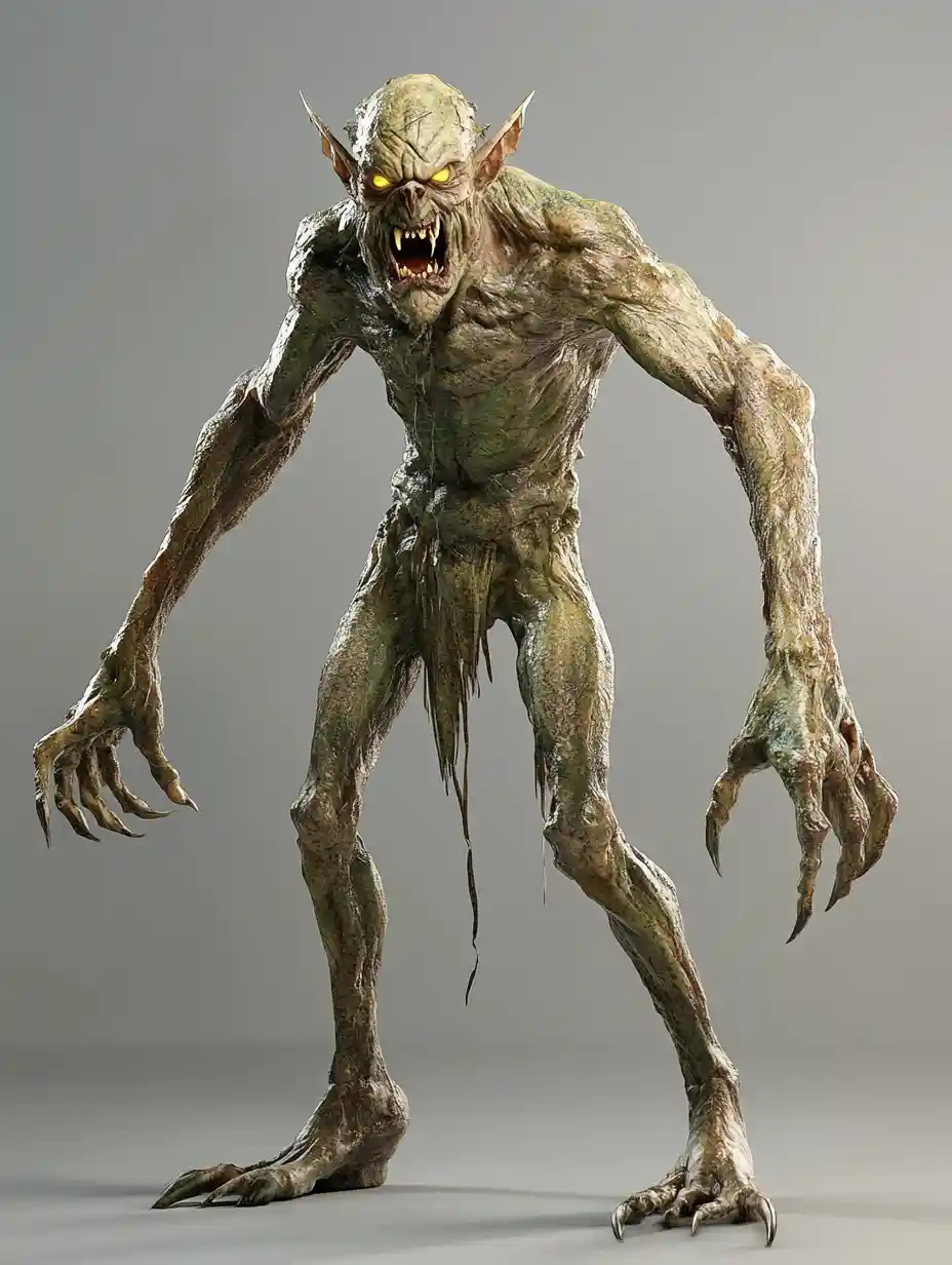 Amenazador personaje de goblin 3D con cuerpo musculoso y fibroso