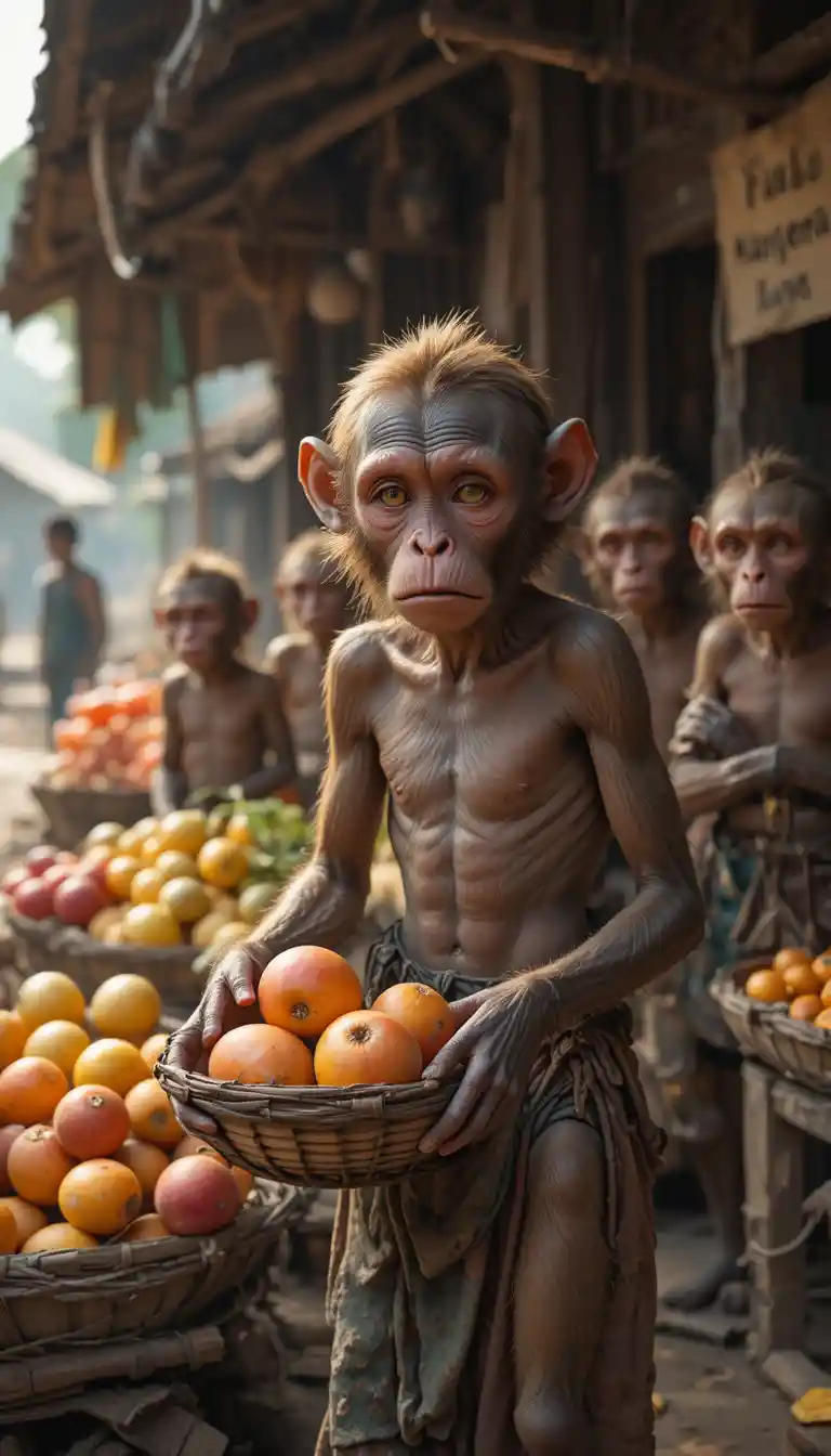 Pobre mono vendedor acomodando fruta en mercado de pueblo