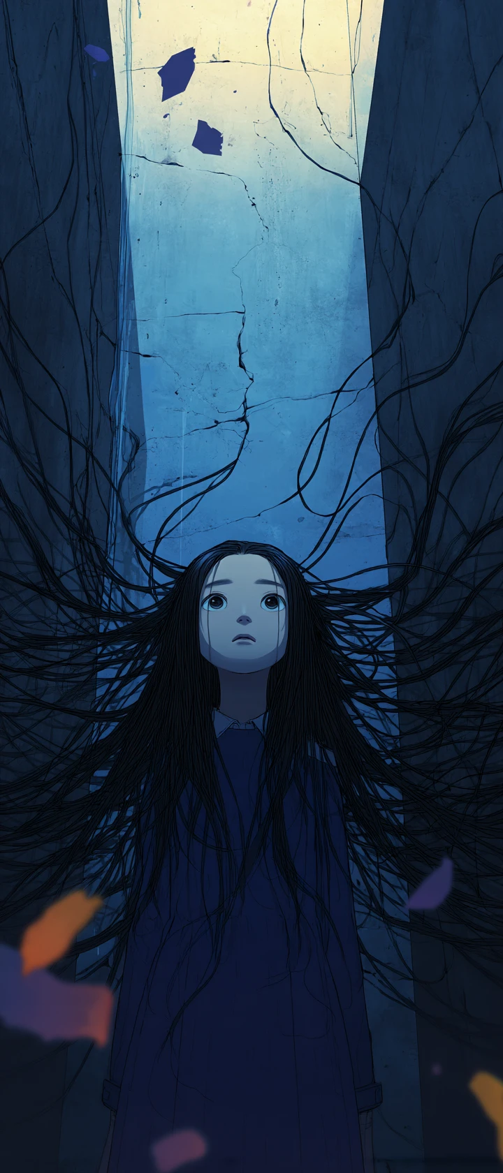 Anime girl in cascading ribbons of memory and light