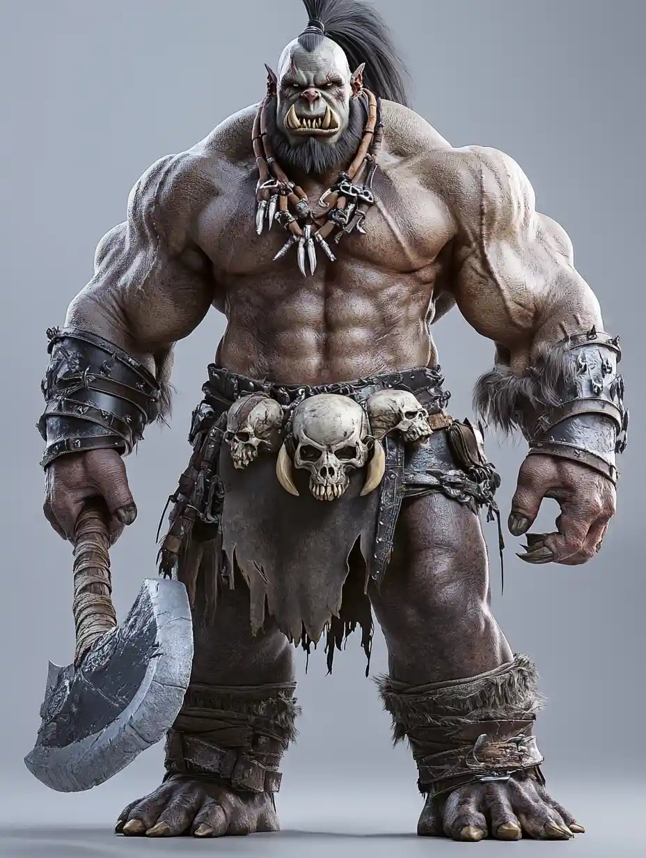 Massive warrior orc with battle axe in 3d render