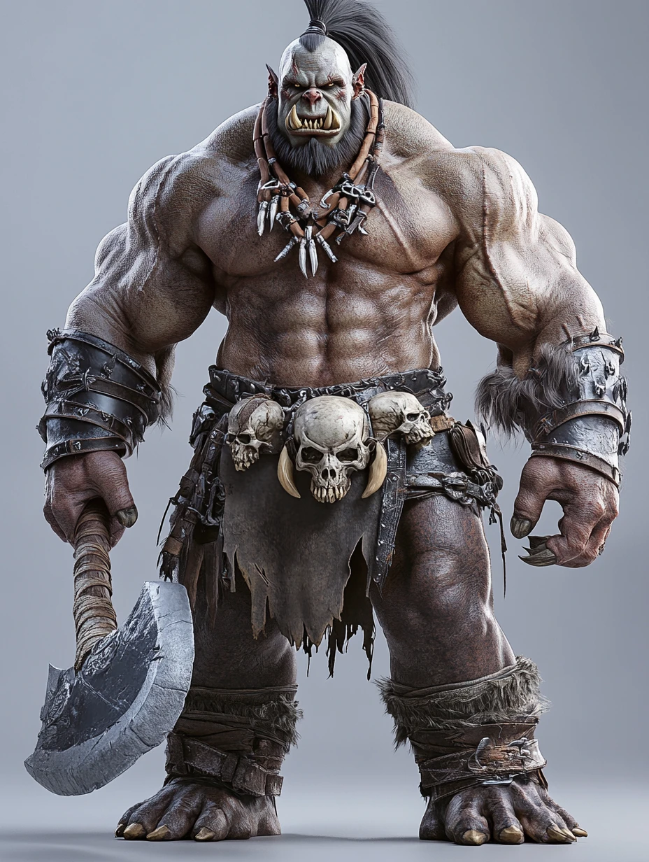 Massive warrior orc with battle axe in 3d render