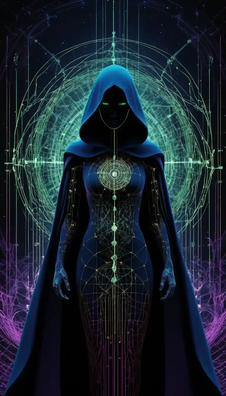 Hooded void woman formed of binary code and sacred geometry
