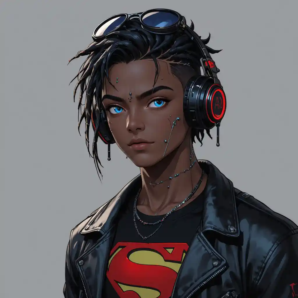 Hombre de anime con piel oscura, ojos azules y piercings