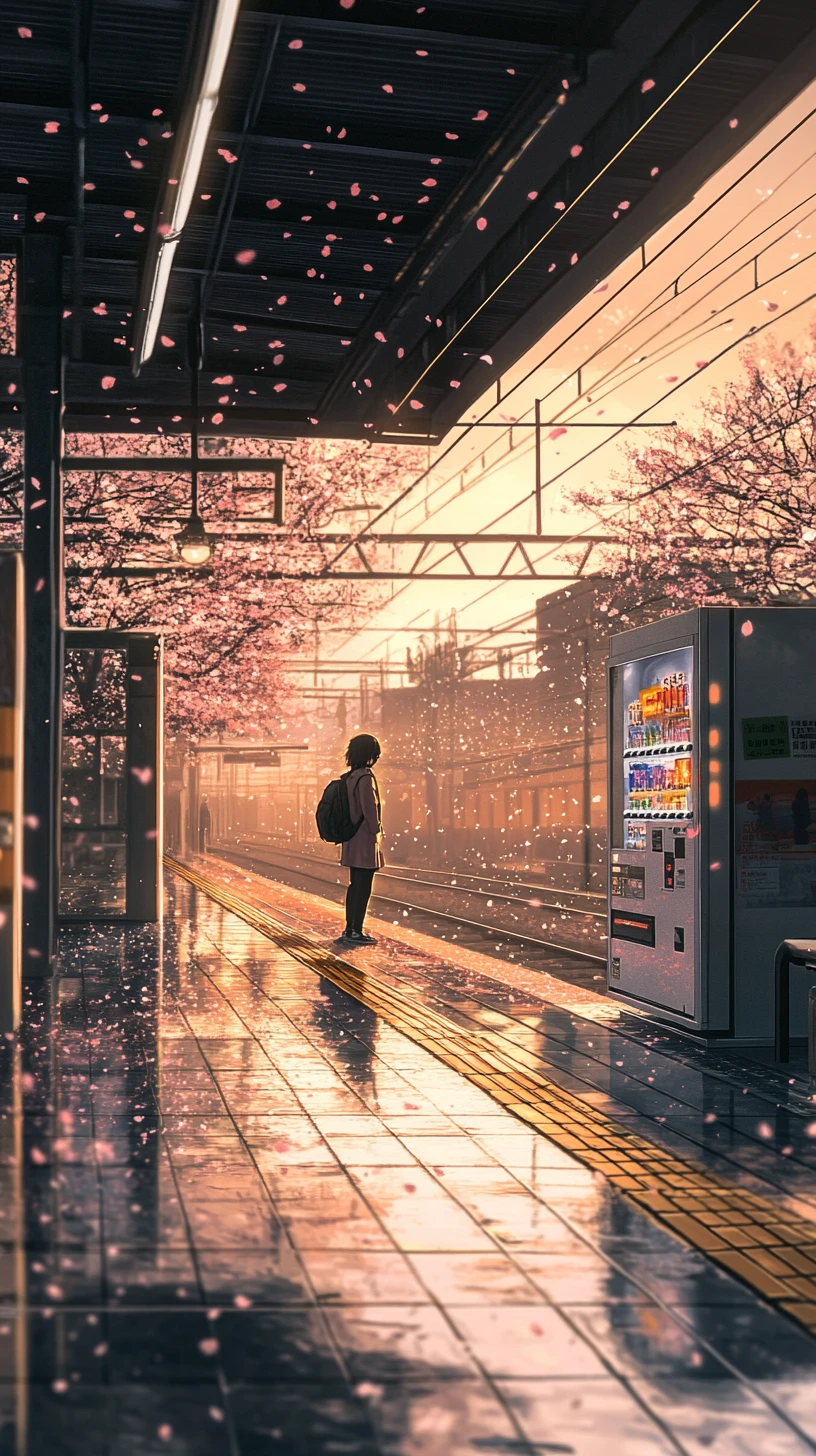 Ragazza anime su una tranquilla banchina suburbana all’ora d’oro