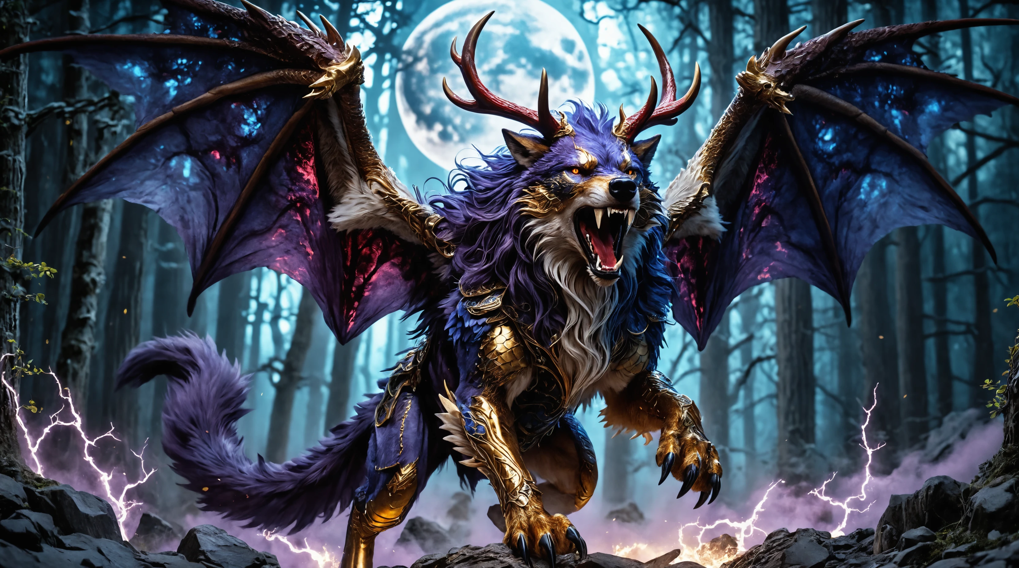 Mythical Wolf Dragon Chimera Poised In Moonlit Darkness
