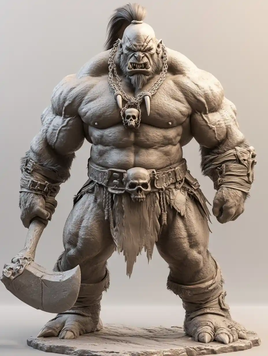 Massiver Ork-Krieger mit Streitaxt vor grauem Hintergrund