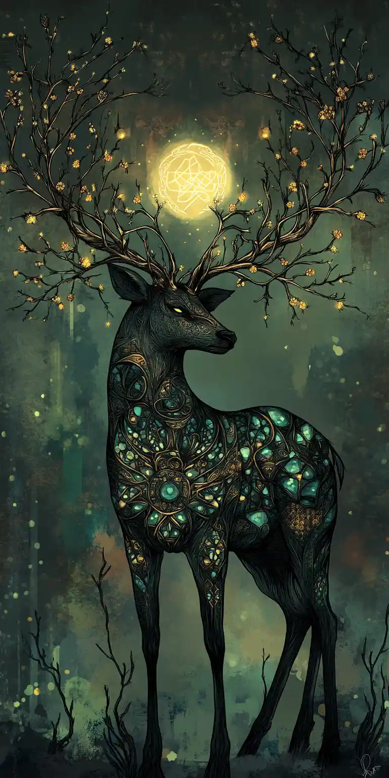 Majestic stag with runic antlers in gothic fantasy style
