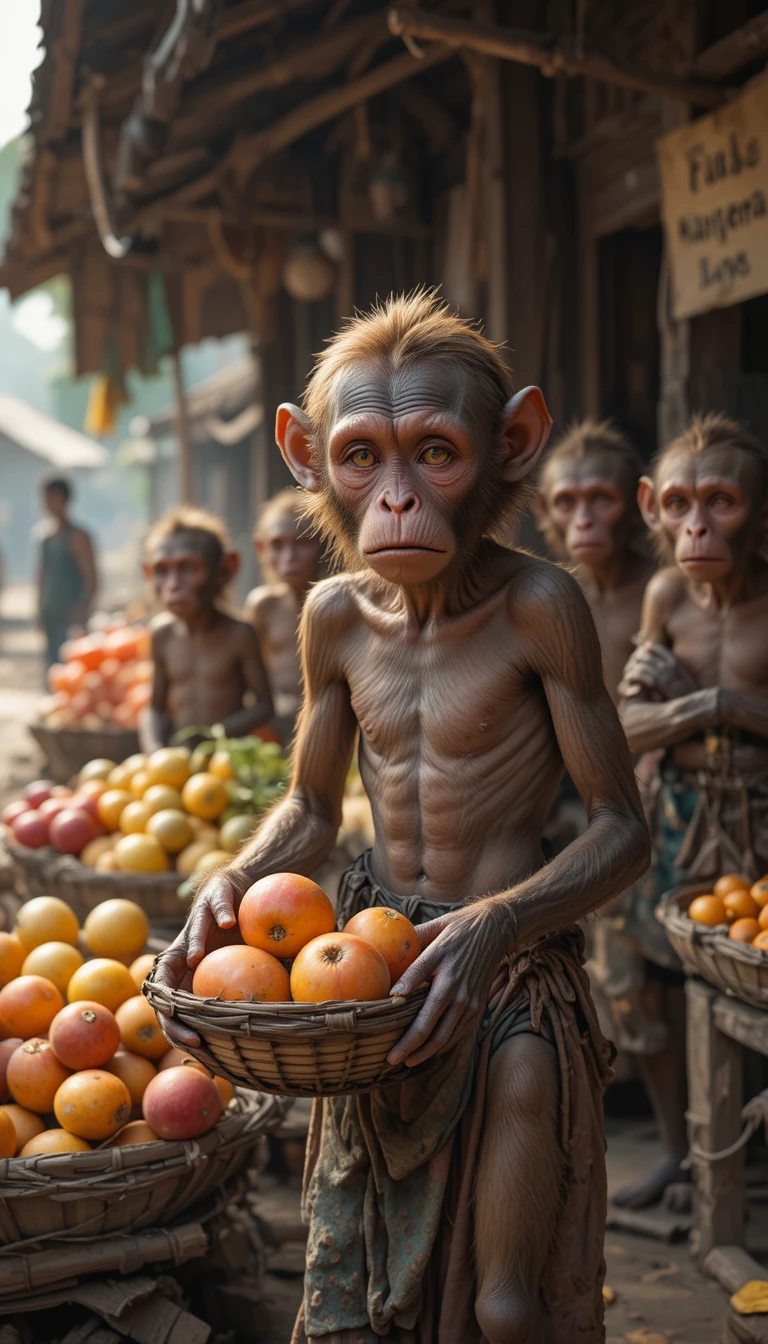 Pobre mono vendedor acomodando fruta en mercado de pueblo