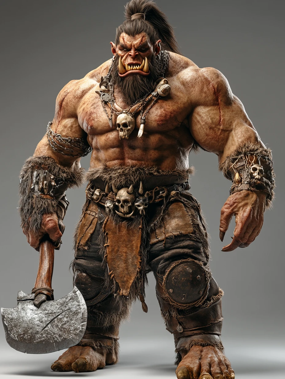 Guerriero orco muscoloso con ascia da battaglia in render 3D