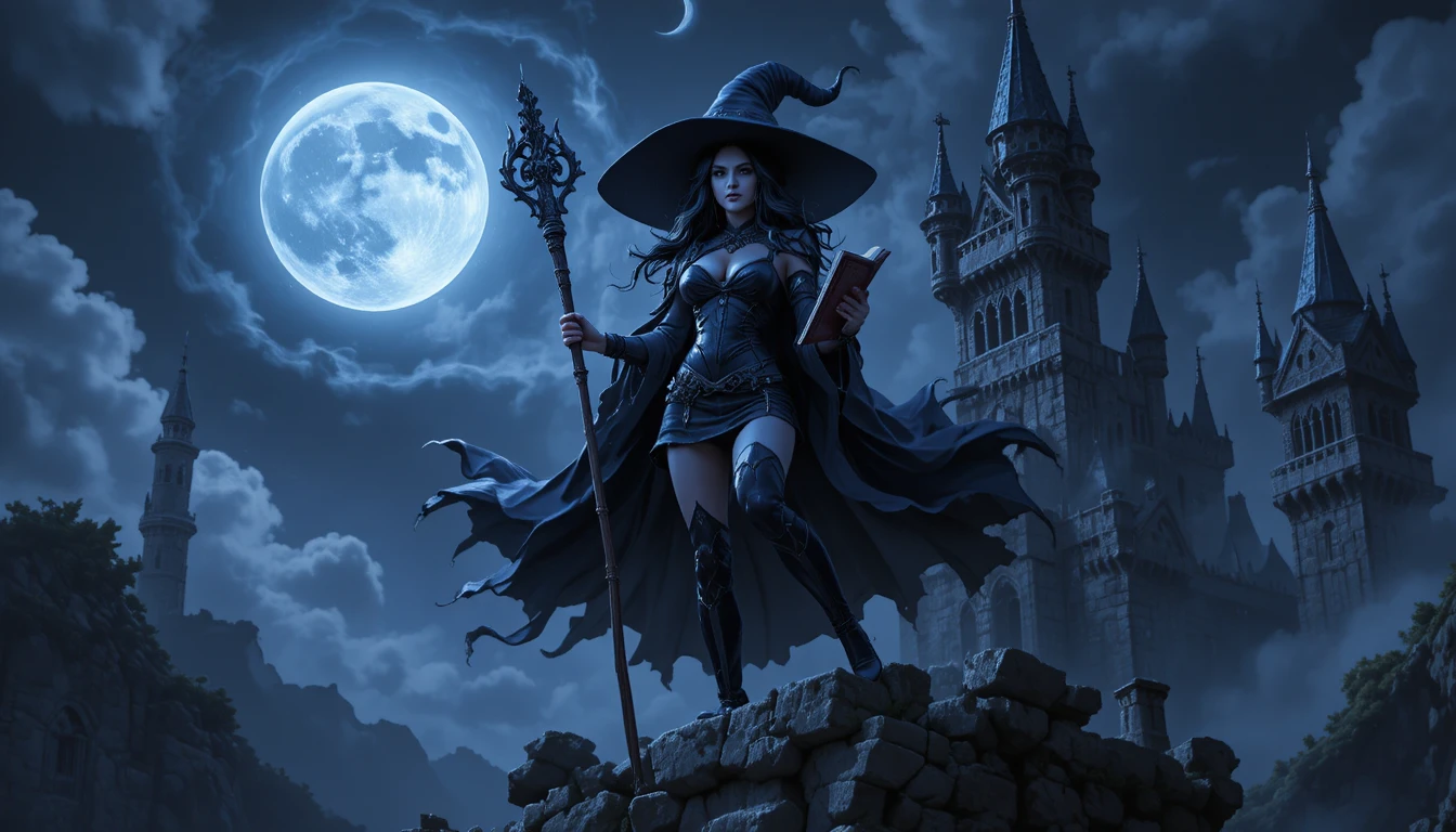 Mystical sorceress atop a ruined gothic castle at night