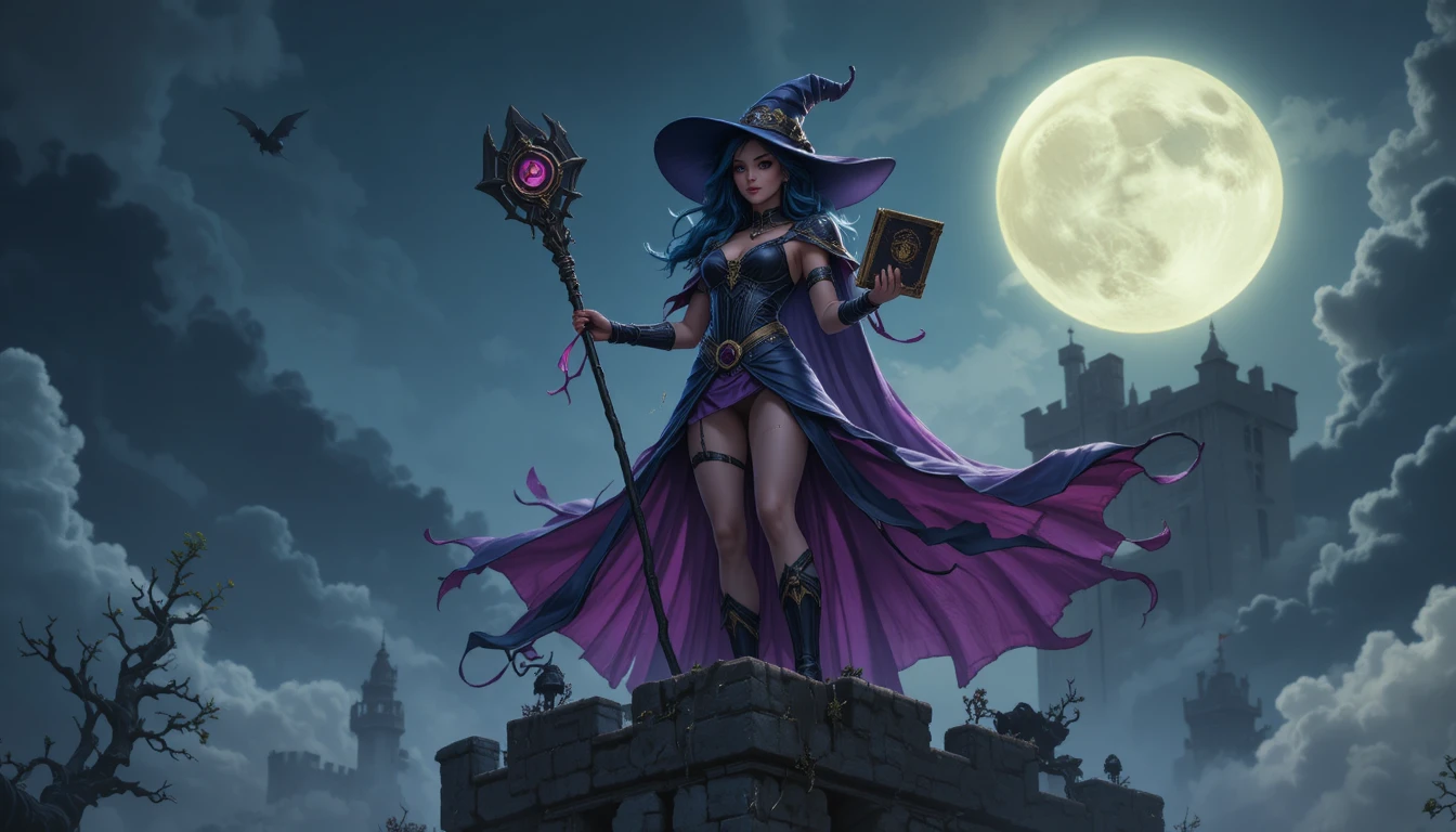 Hechicera oscura sobre un castillo gótico en ruinas a la luz de la luna