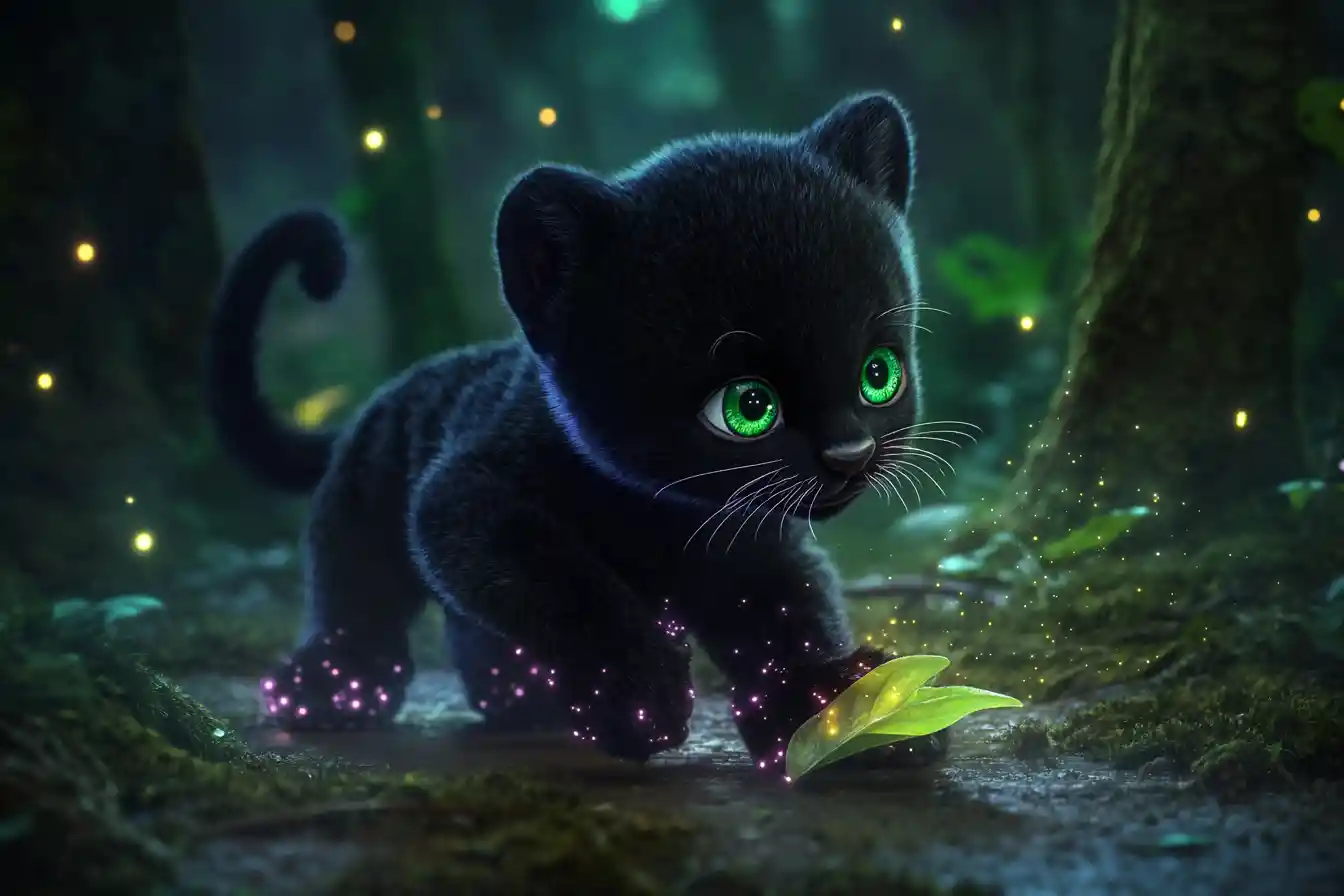 Cucciolo di Pantera Bioluminescente nel Crepuscolo della Foresta Pluviale Amazzonica