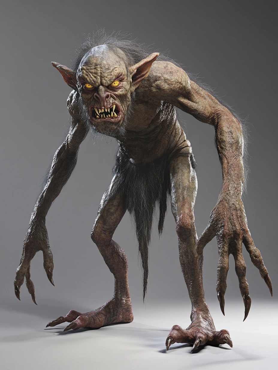 Personaje goblin 3D de cuerpo completo con sonrisa amenazante
