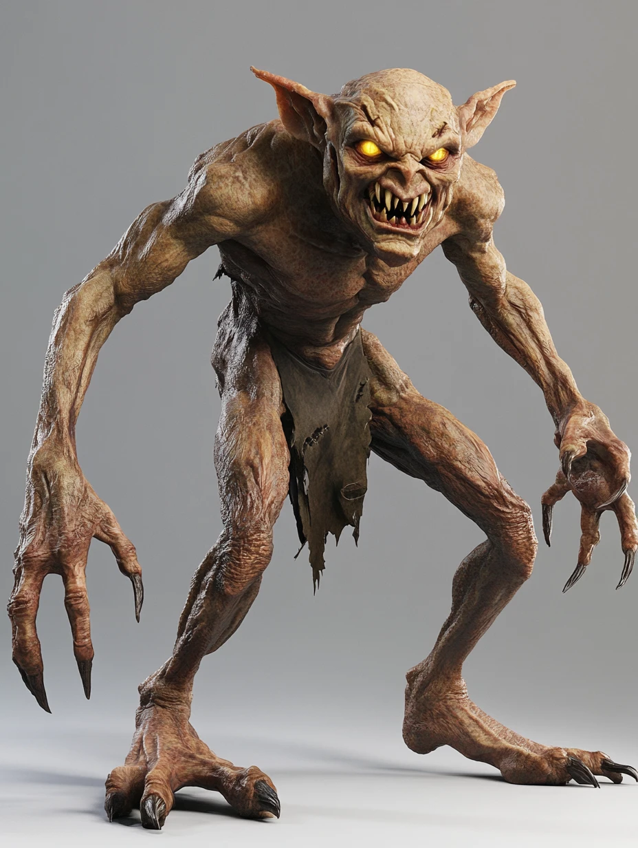 Amenazador personaje de goblin 3D con extremidades musculosas y fibrosas