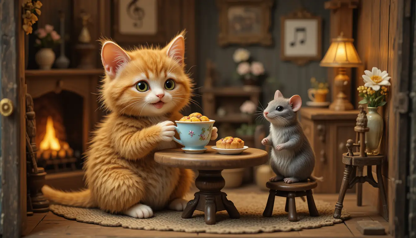 Cozy kitten and mouse sharing a tiny indoor tea party