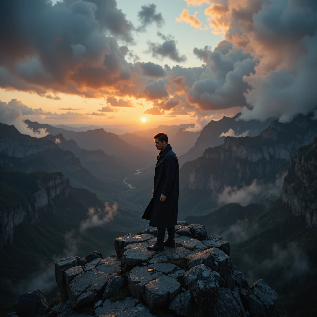 Lonely man on a windy mountain cliff at sunset