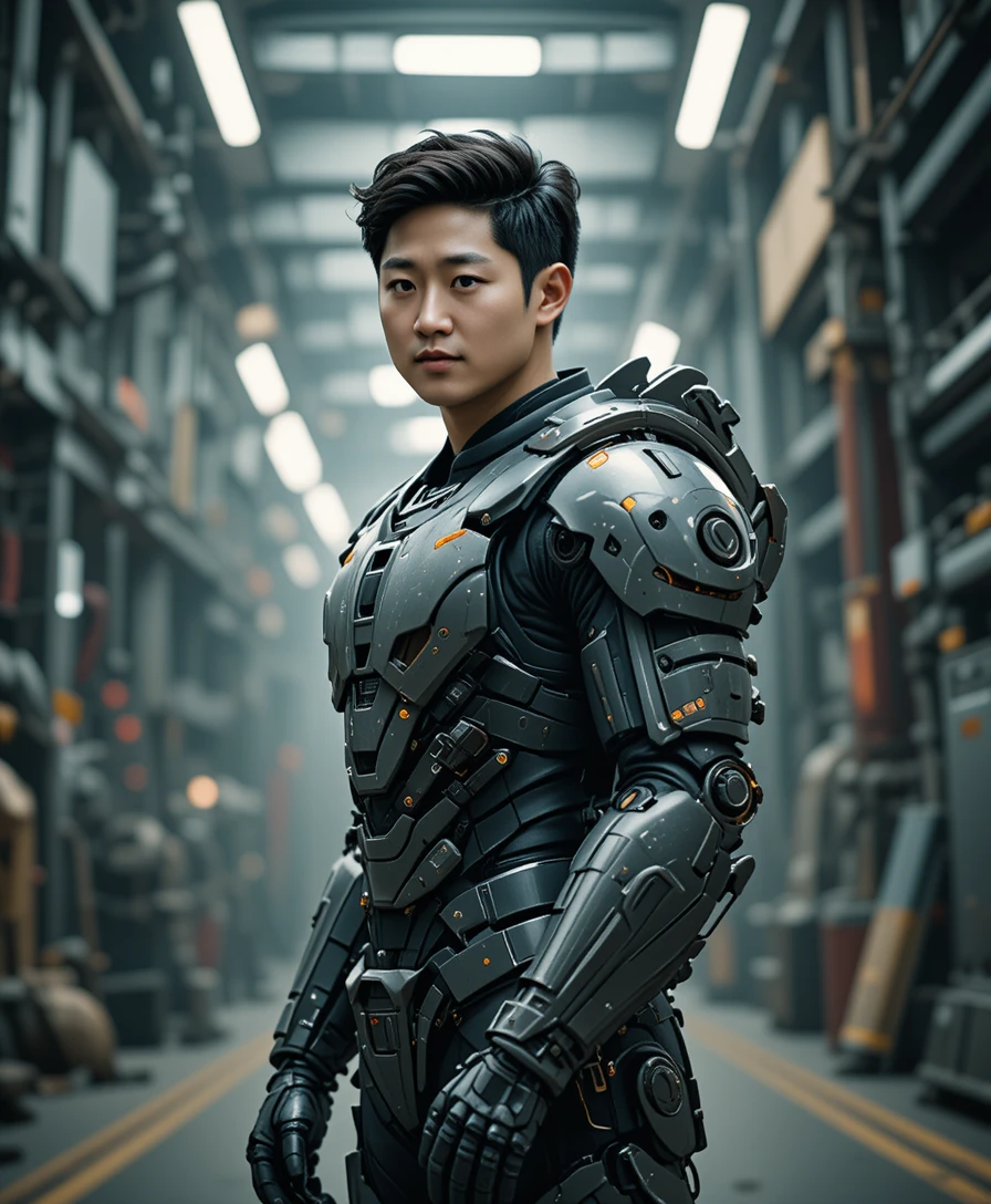 Uomo asiatico corazzato in scena industriale futuristica di profilo