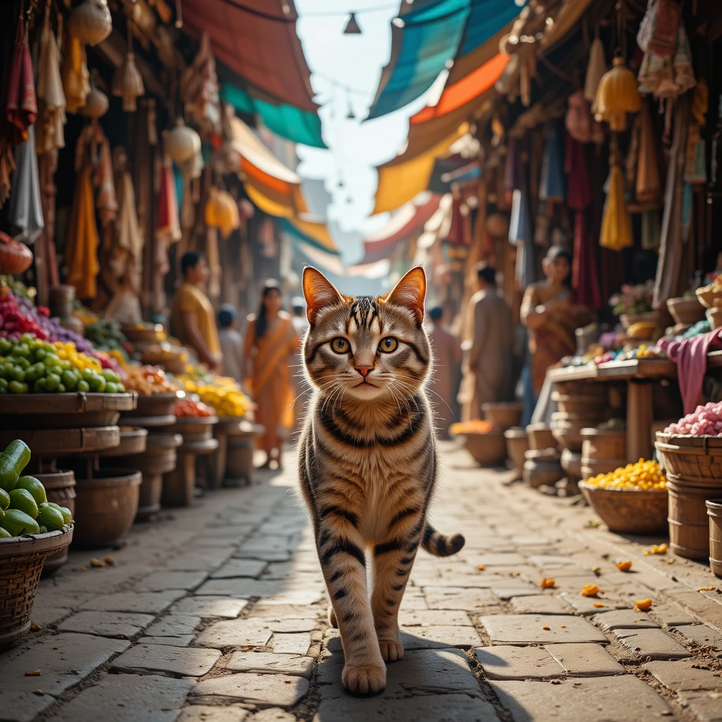 Gato caminando por un colorido mercado callejero de la India