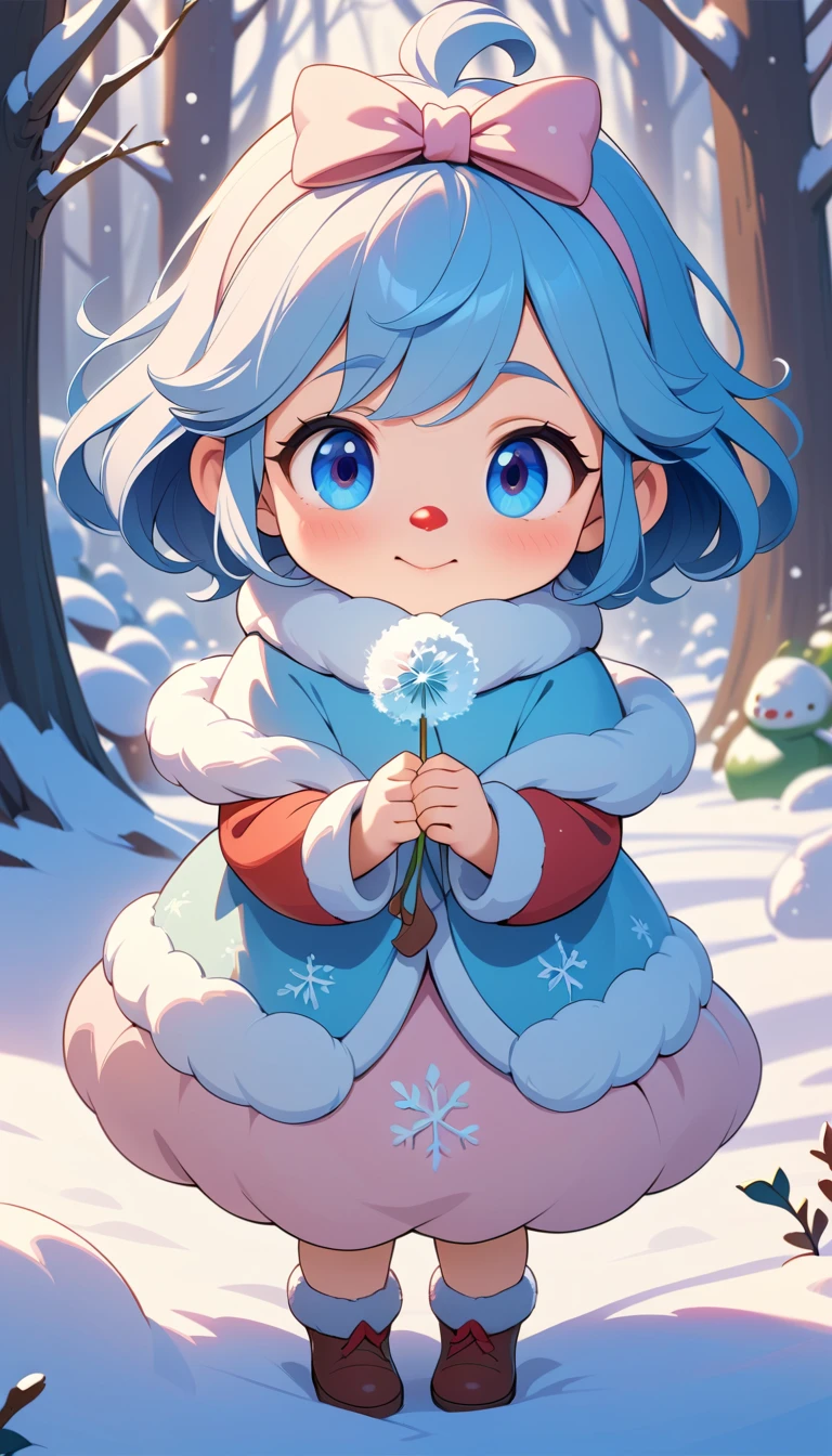 Adorable esprit d’hiver sur branche de pin enneigée avec pissenlit