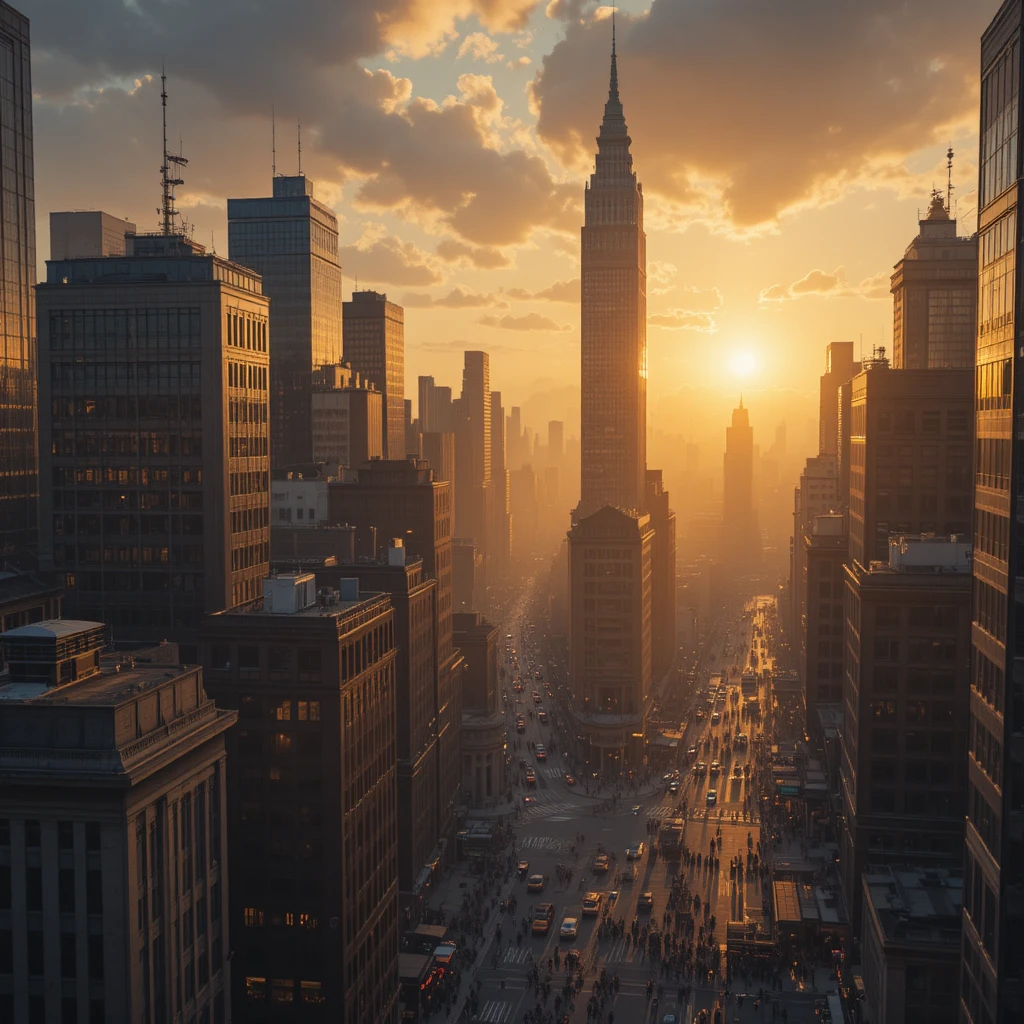 Kinematischer Golden-Hour-Blick auf eine moderne Stadtskyline