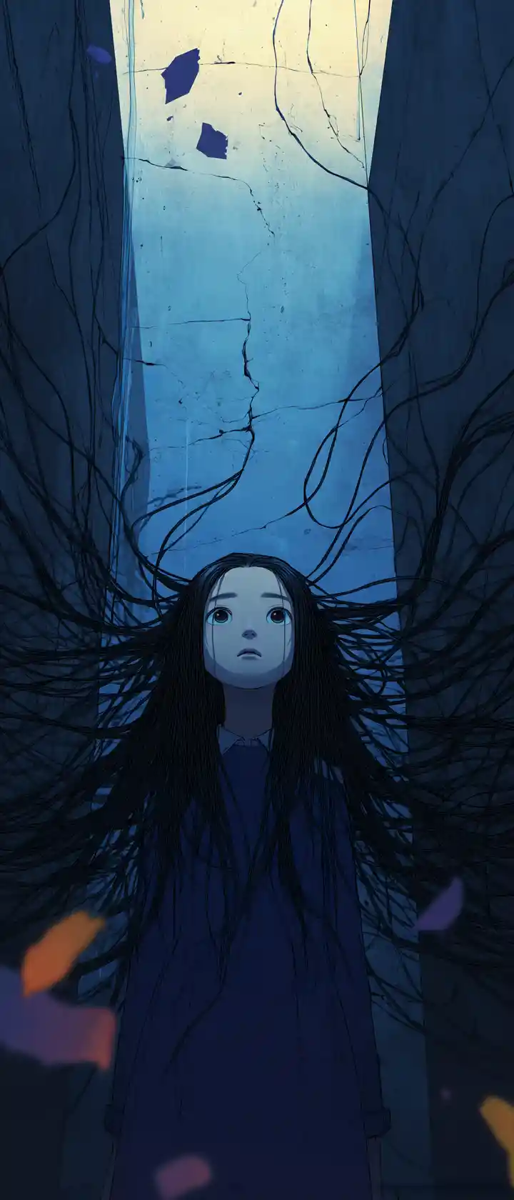 Anime girl in cascading ribbons of memory and light