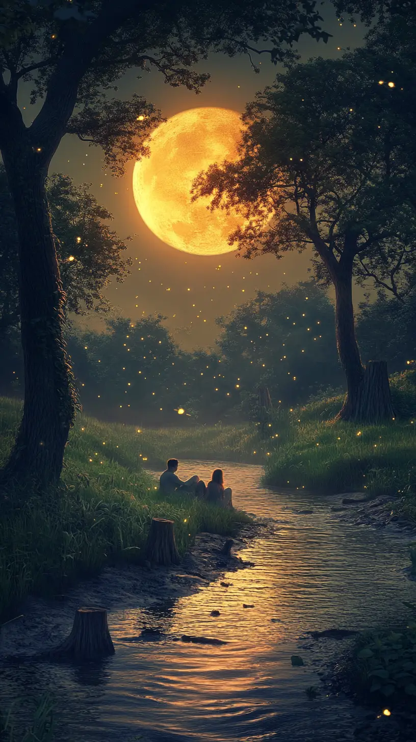 Couple Sitting In A Moonlit Creek Among Forest Trees