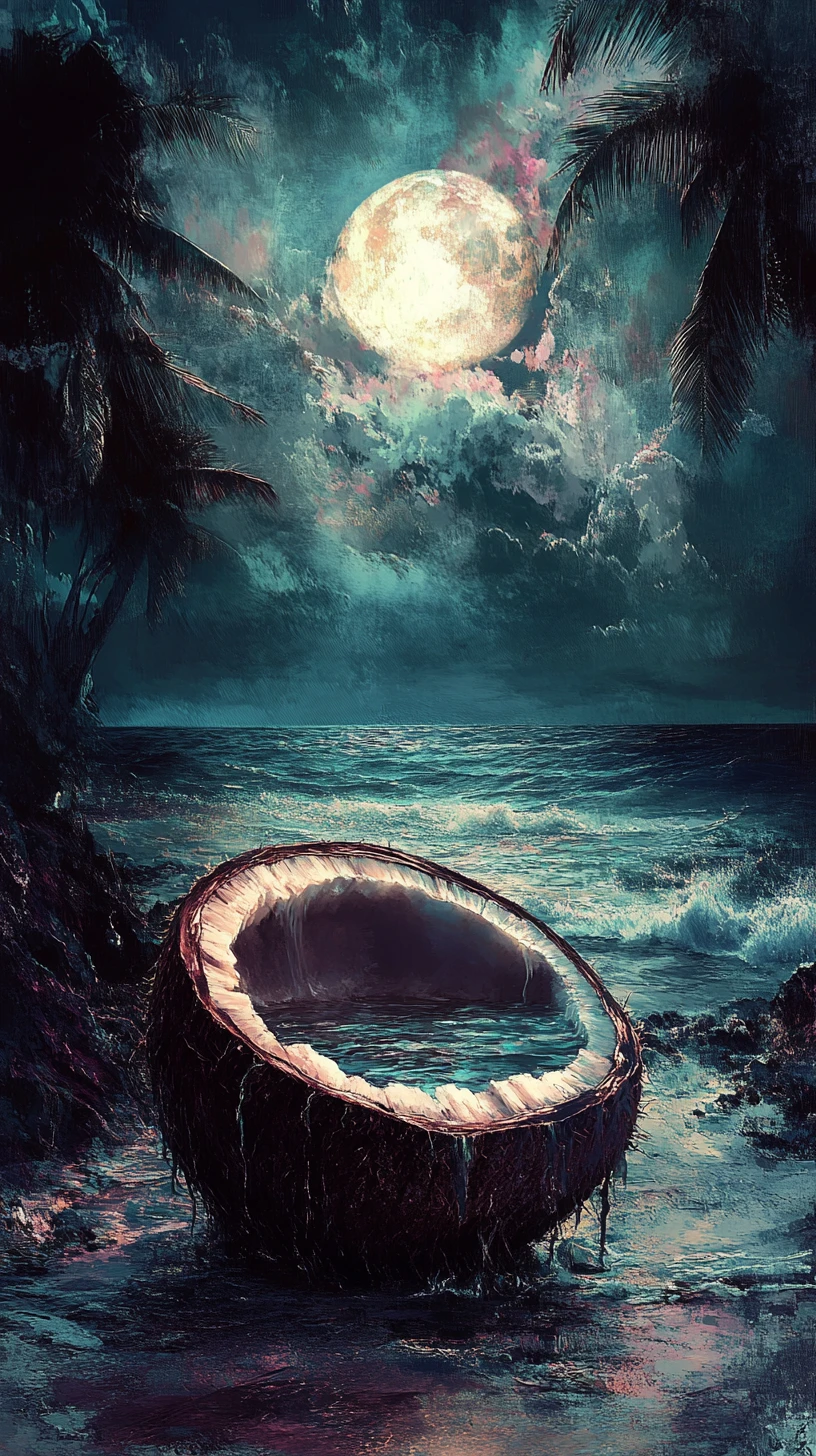 Surreales Kokosnuss-Aquarium, das den Ozean an einem dunklen Strand vergießt