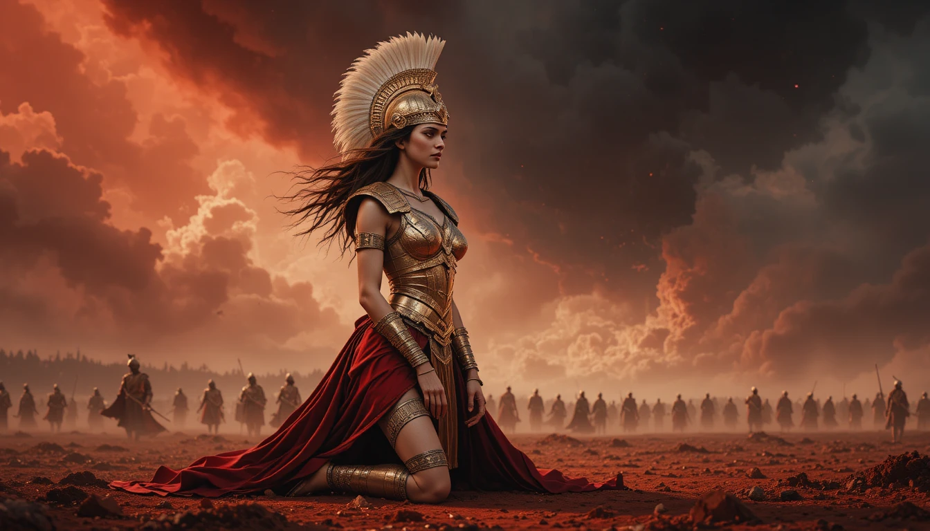 Legendary female warrior kneeling on mystical battlefield