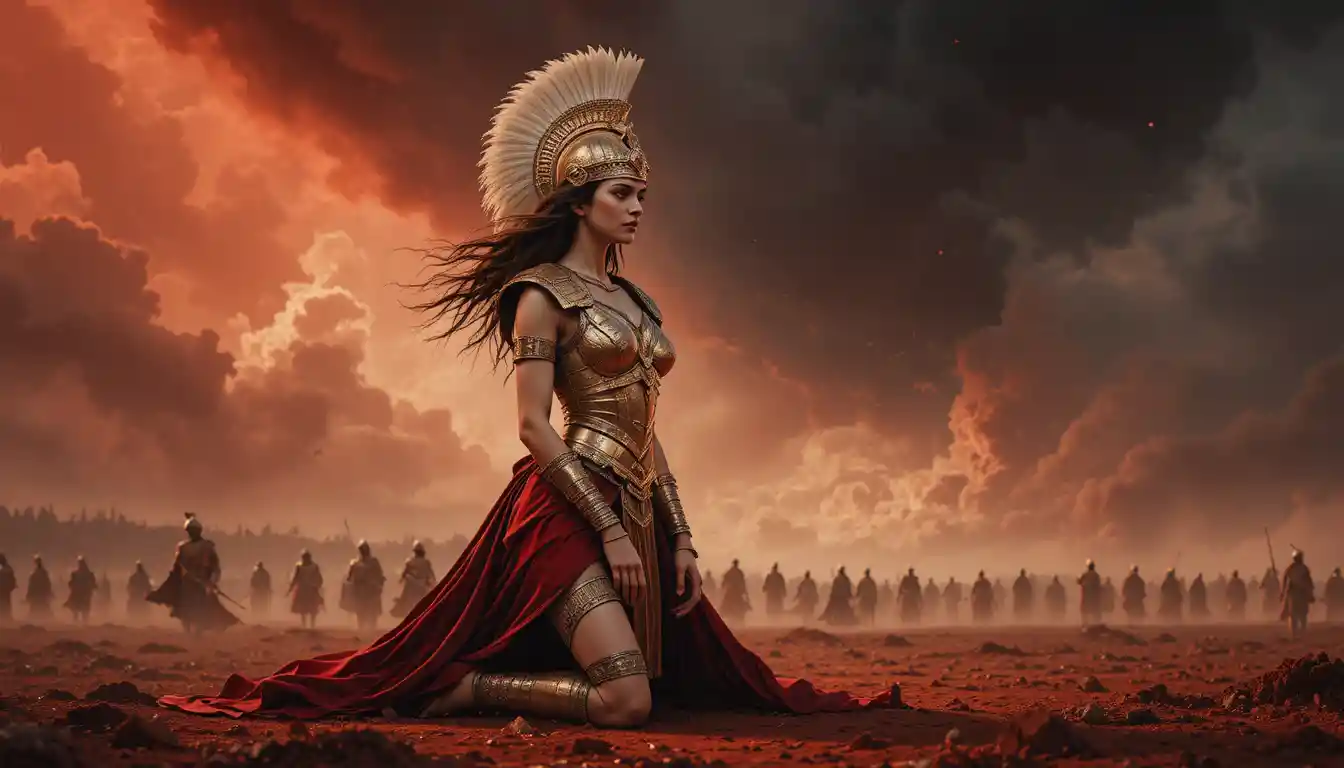 Legendary female warrior kneeling on mystical battlefield