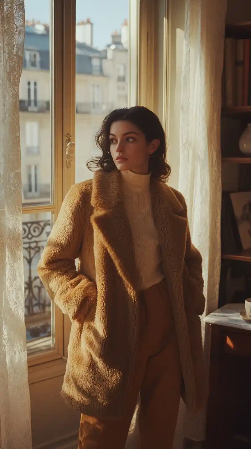 Elegant woman by window in vintage paris apartment