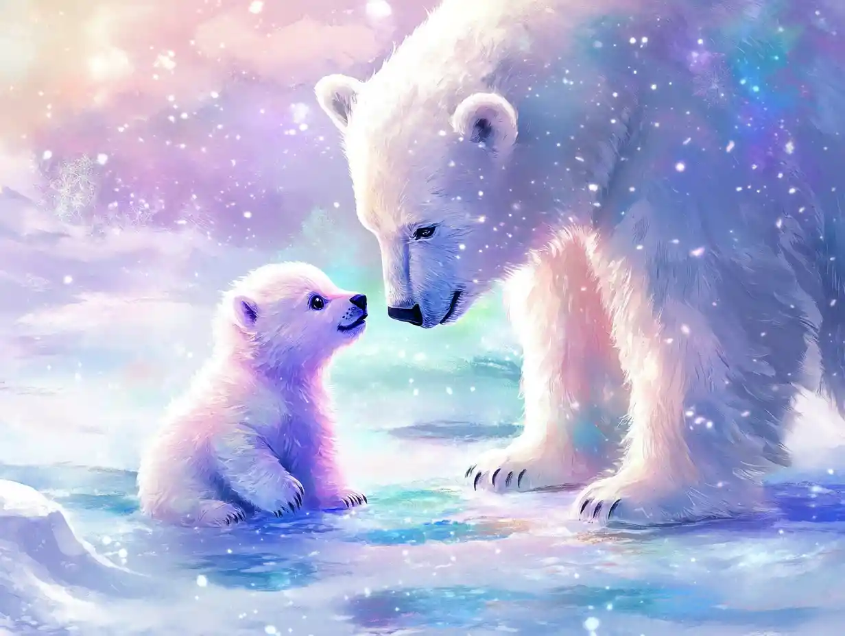 Cucciolo di orso polare che rotola verso la madre su una piattaforma di ghiaccio al crepuscolo