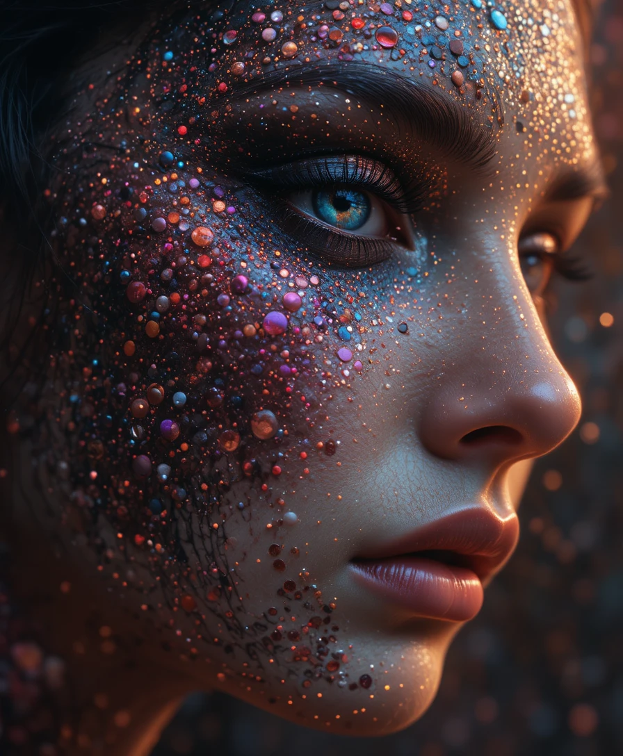 Close up cosmic goddess face dissolving into starry space