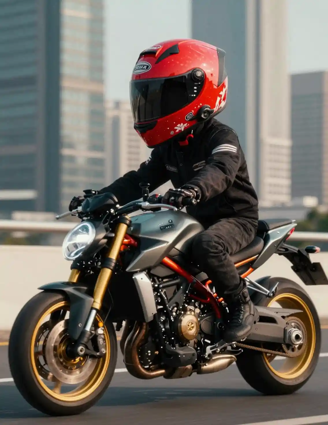 Close up motorcyclist with red helmet in sunny city