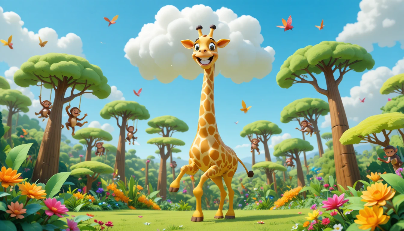 Cheerful 3D giraffe playing with clouds in a jungle