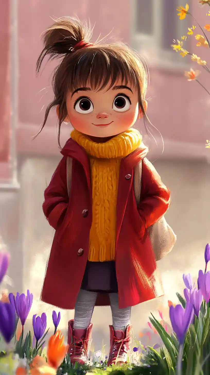 Bambina con cappotto rosso in un giardino di fiori da sogno