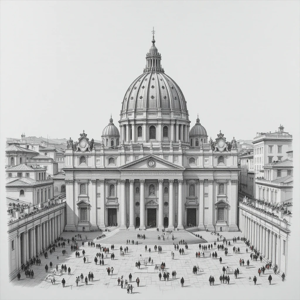 Graphite drawing of St. Peter s Basilica from the grand square